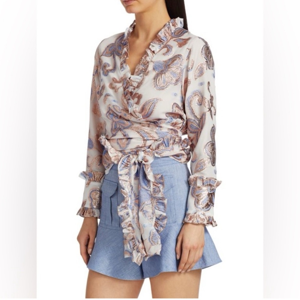 Alexis Pink Paisley Satin Ruffle Tie-Front Blouse - Picture 5 of 11